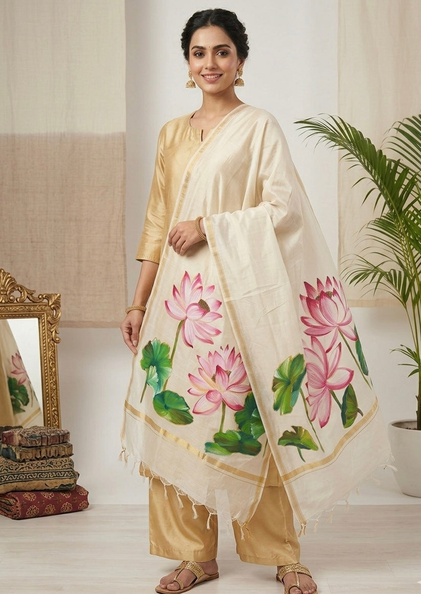 Off white pure chanderi silk dupatta : Padma Prerna