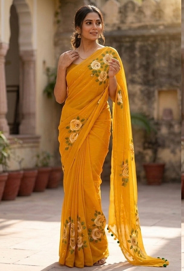 Deep yellow georgette saree : Surya pushp