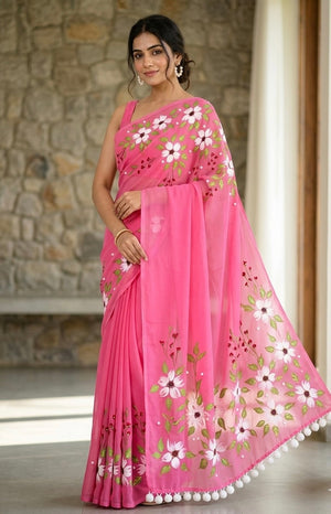 Pink georgette saree : pushp Leher