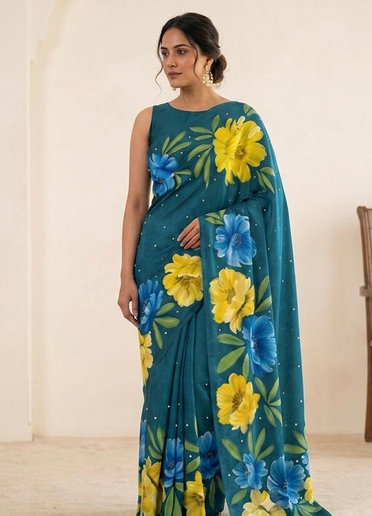Teal georgette saree : The monsoon bloom in Teal