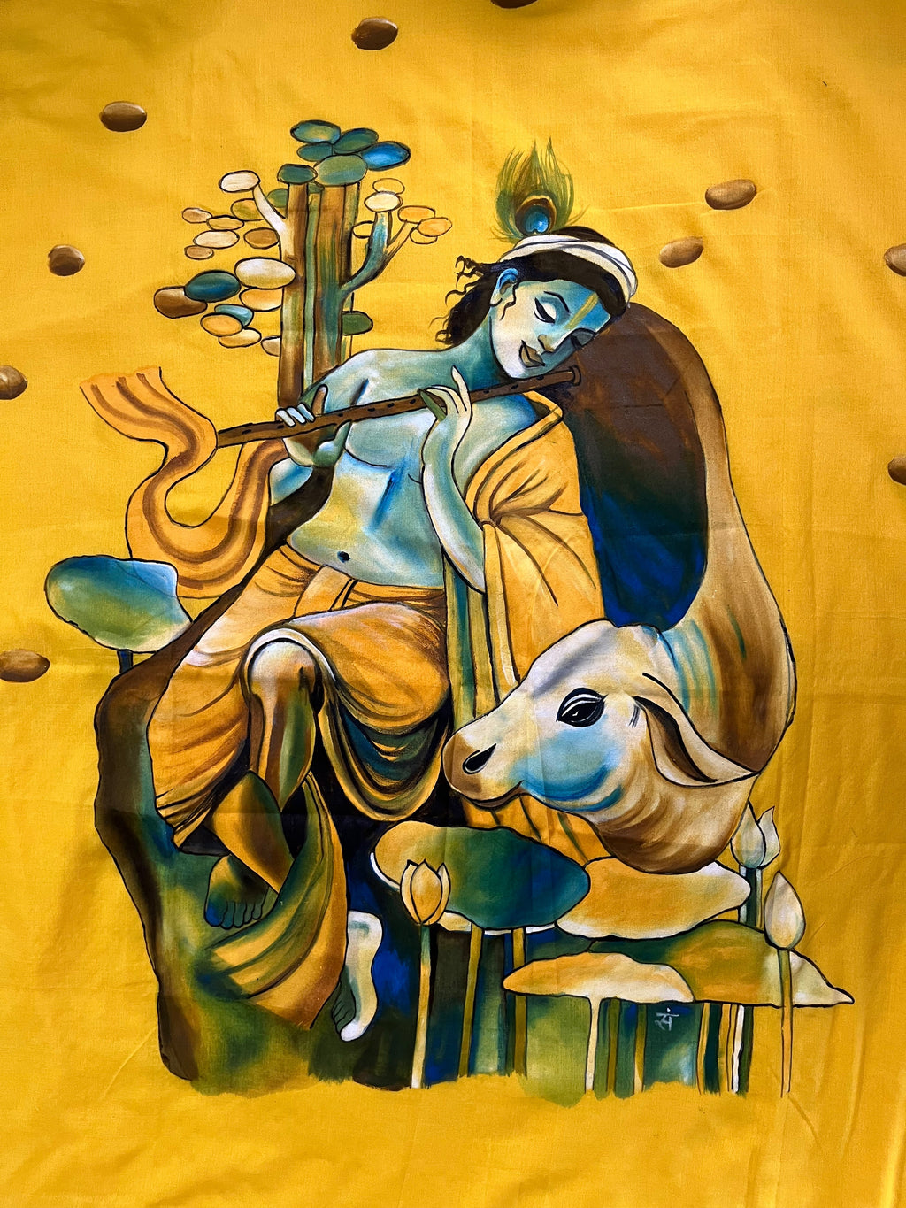 Yellow hand painted handloom saree “ Melody in the woods”