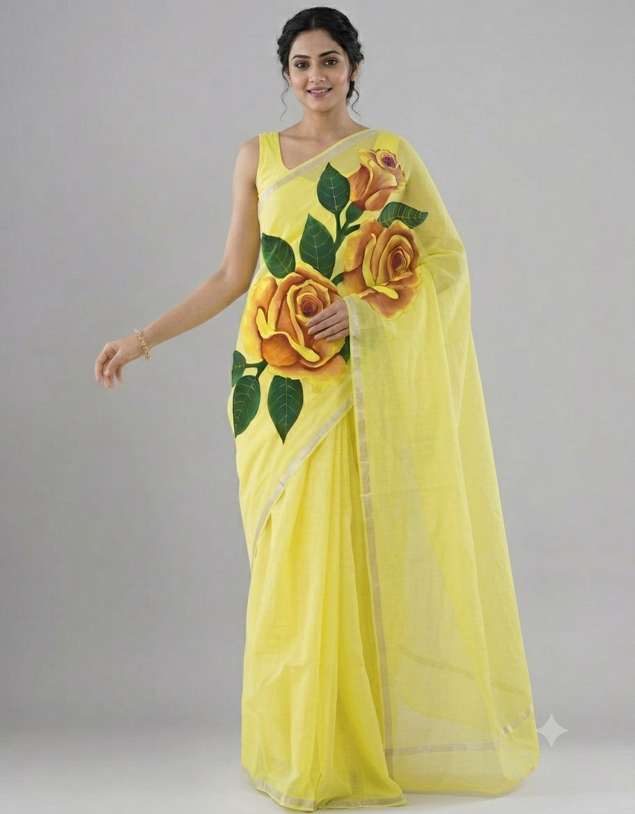 Lemon yellow self buti pure cotton saree