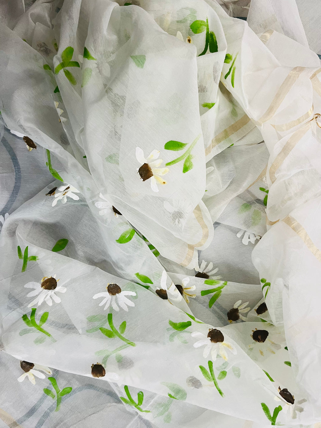 White pure chanderi dupatta: “Chamomile Breeze-A whisper of calm”