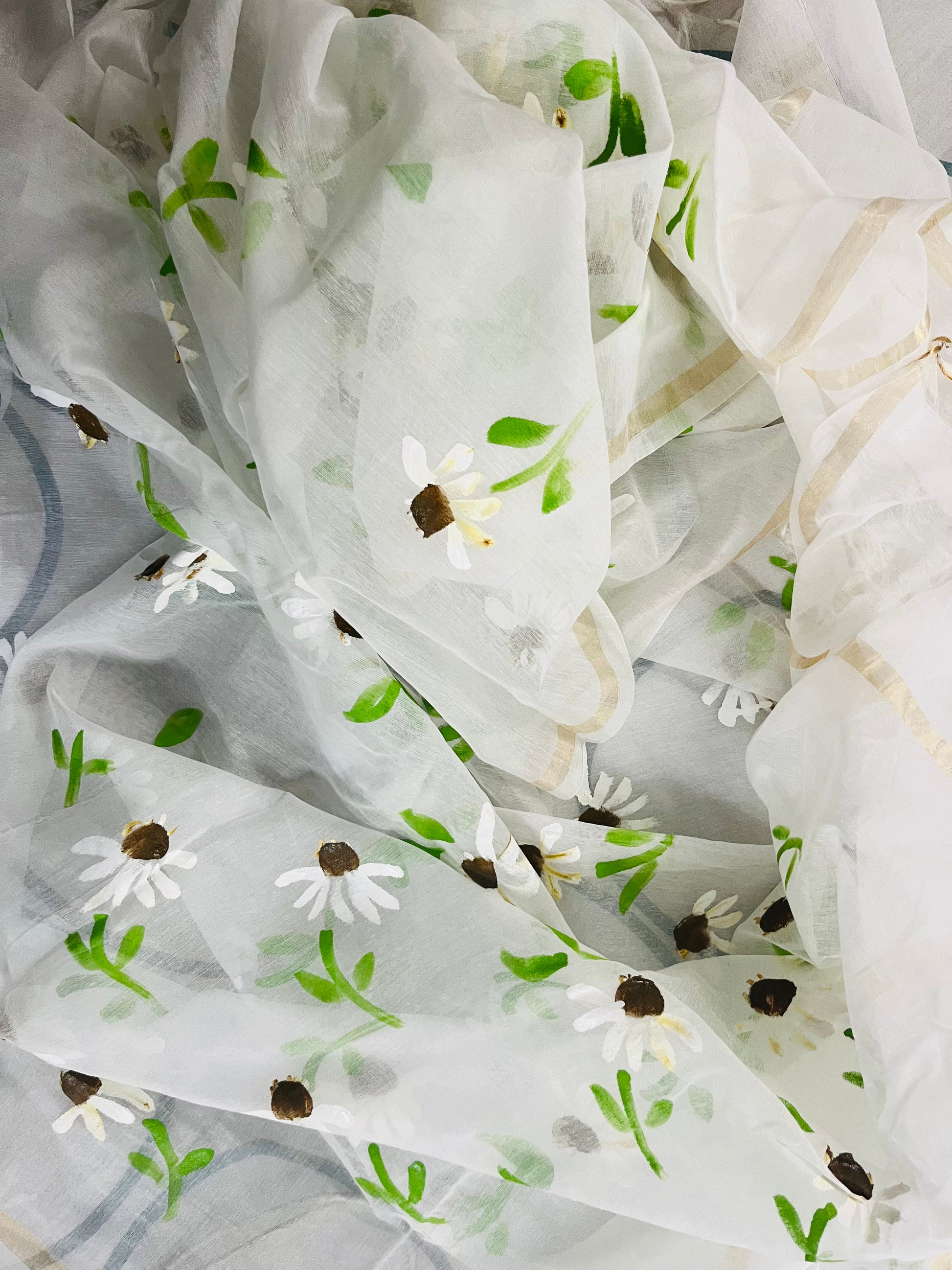 White pure chanderi dupatta: “Chamomile Breeze-A whisper of calm”