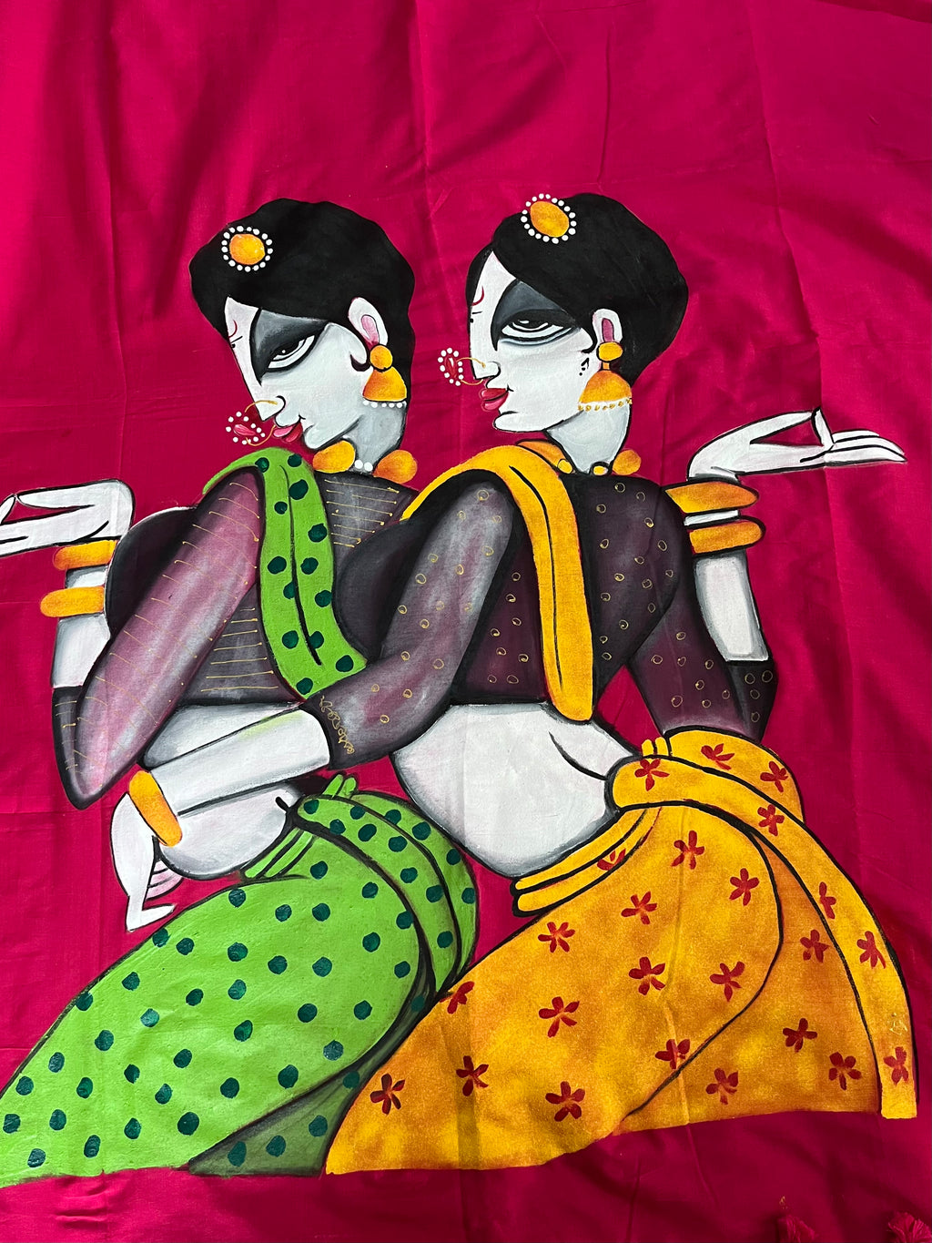 Hot pink hand painted handloom saree “Saajh-Savera-Two halves of her soul”