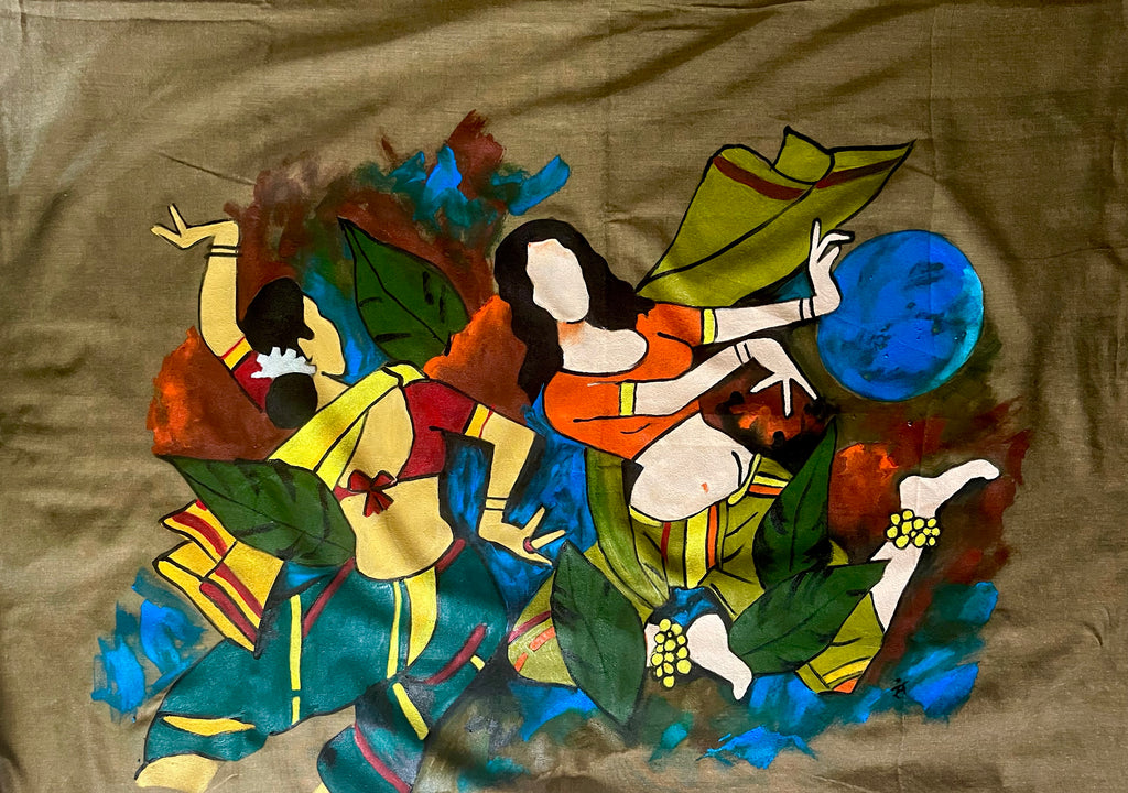 Tortilla coloured hand painted handloom saree “Rhythms of the earth”