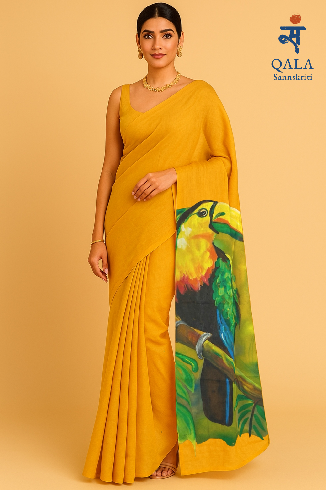Deep yellow pure Chanderi saree : “Tropical whispers -The Toucan Tale”