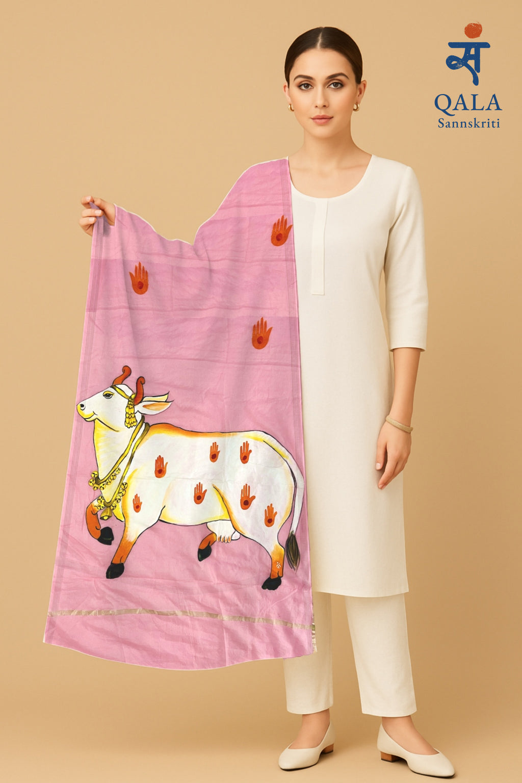 Light pink Chanderi cotton dupatta : “Gau Mata : The Sacred Presence”