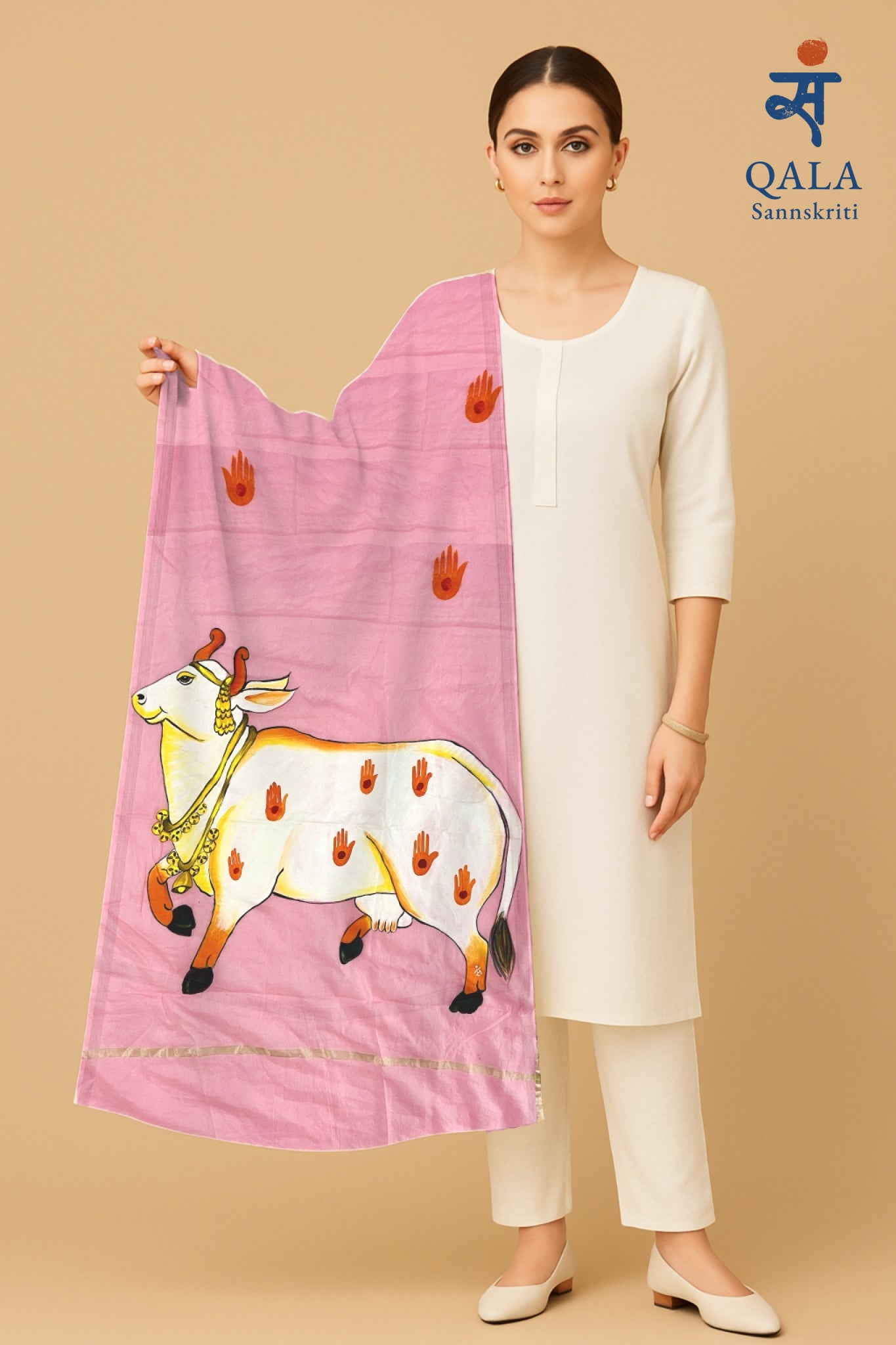Light pink Chanderi cotton dupatta : “Gau Mata : The Sacred Presence”
