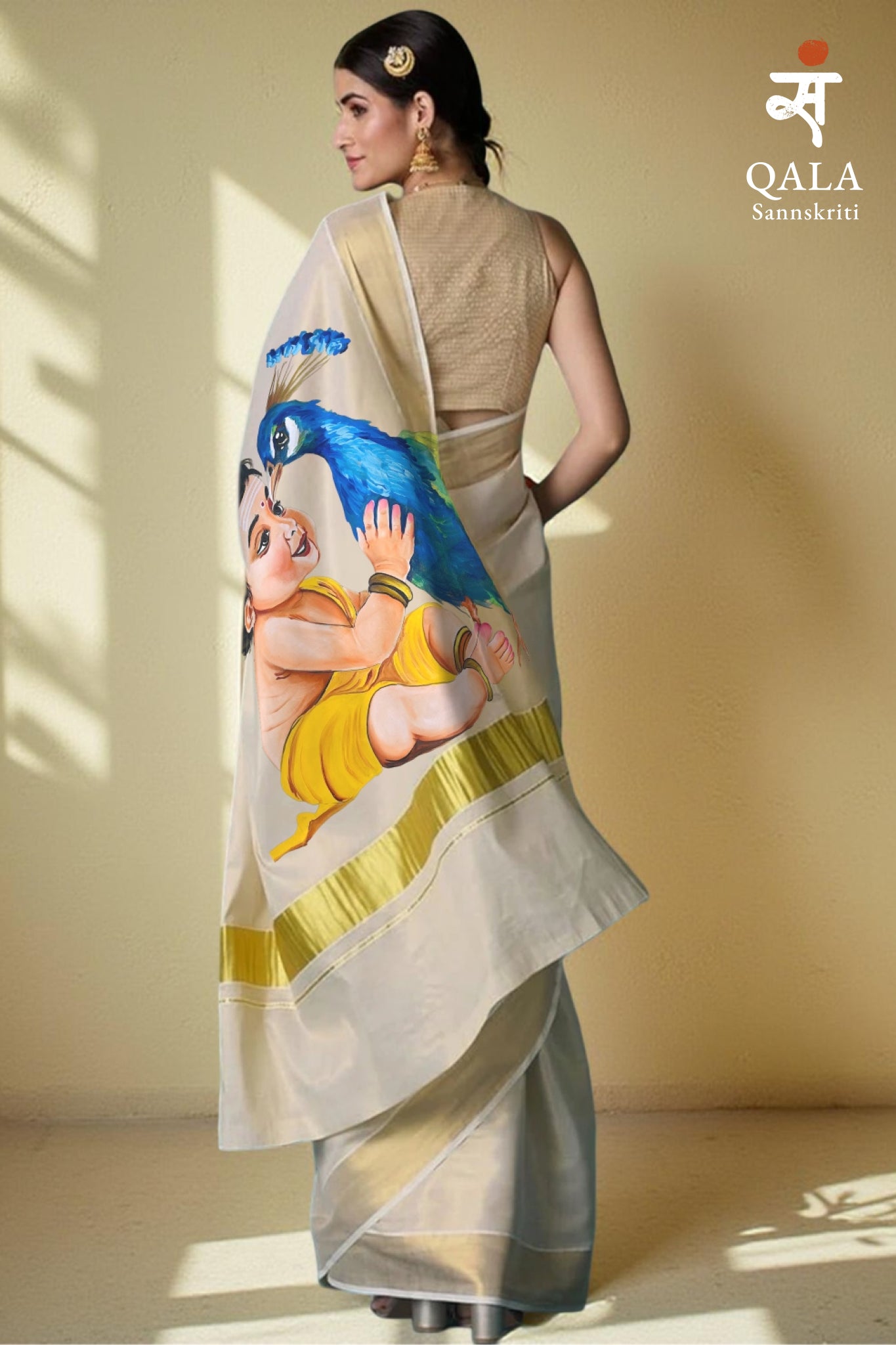 Golden tissue Kerala saree “ The Divine Bond : The Krishna Venu saree”