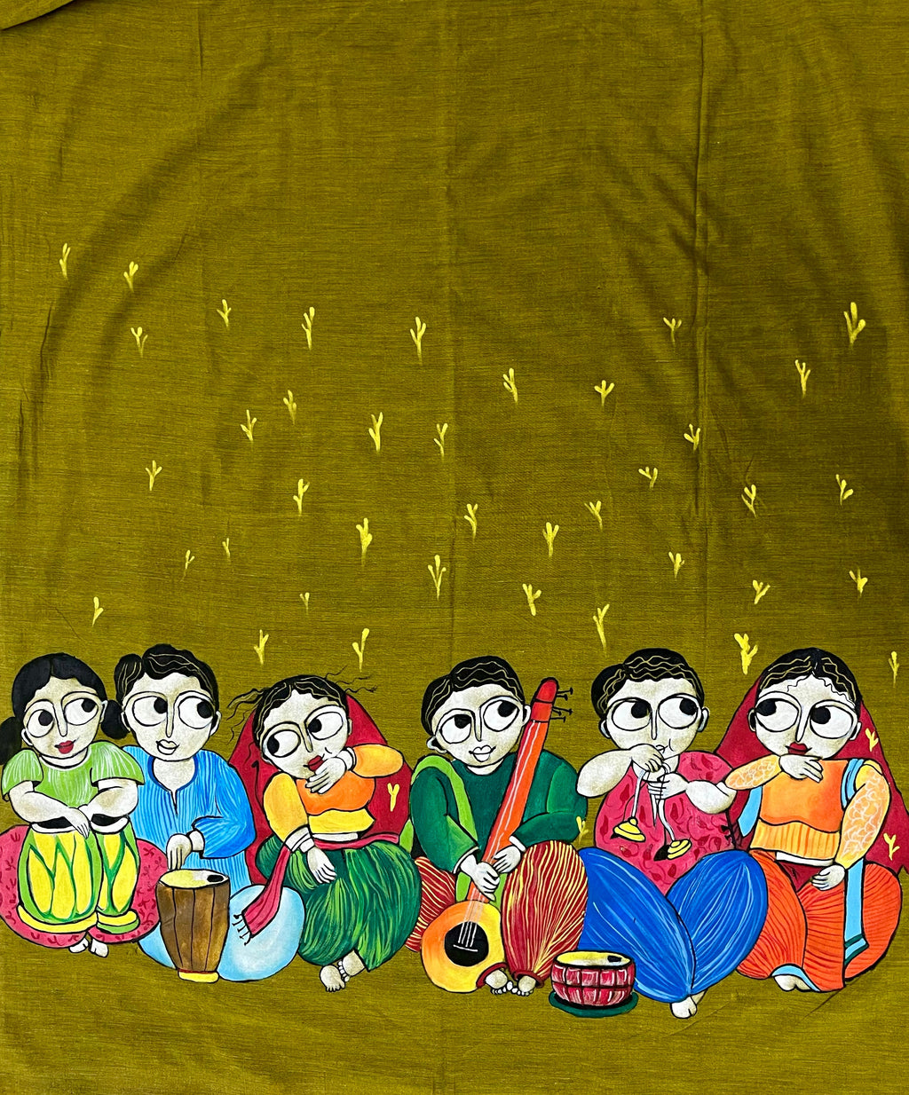 Olive green hand painted handloom saree “Rang Rang : The sisterhood of song “