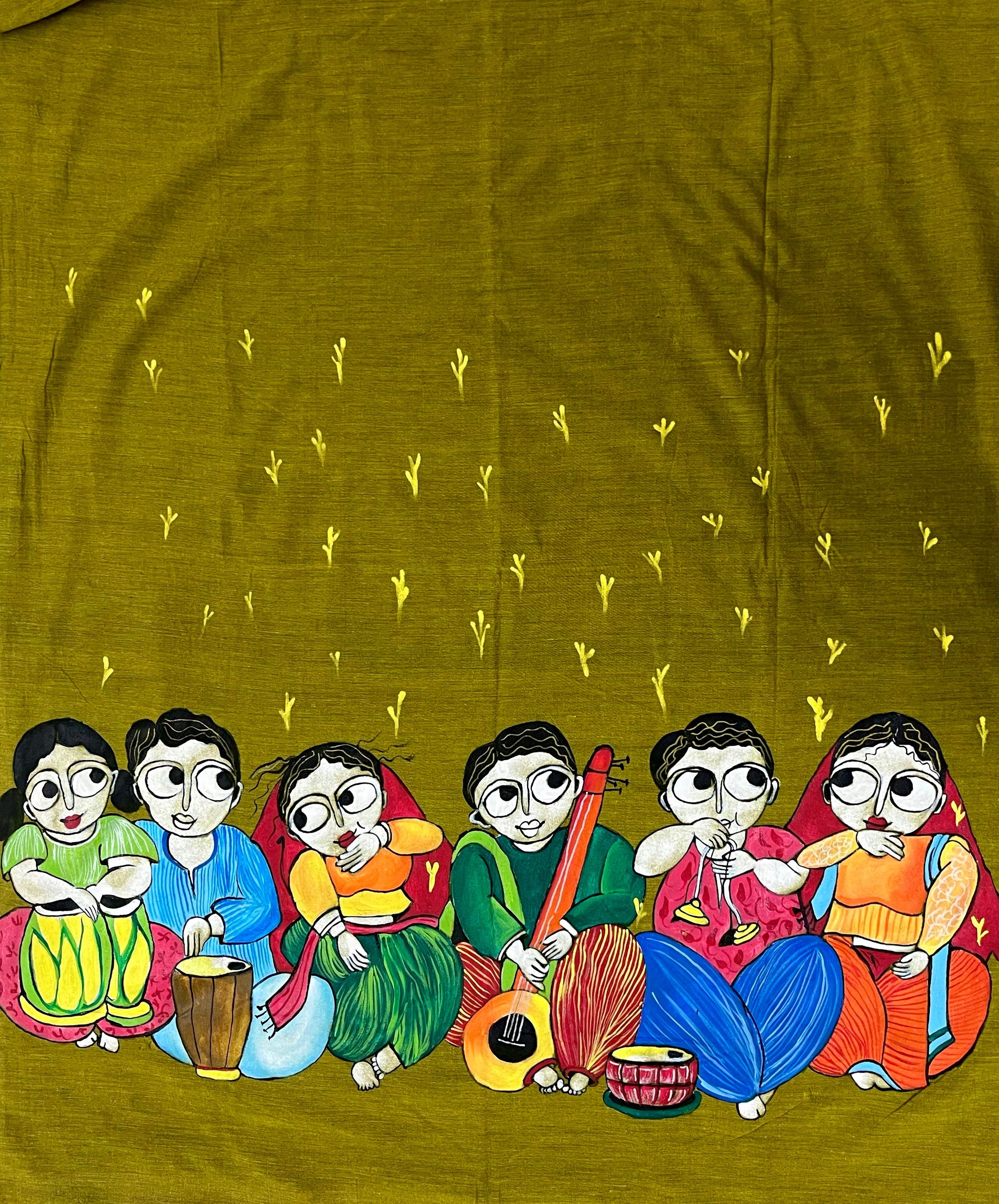 Olive green hand painted handloom saree “Rang Rang : The sisterhood of song “