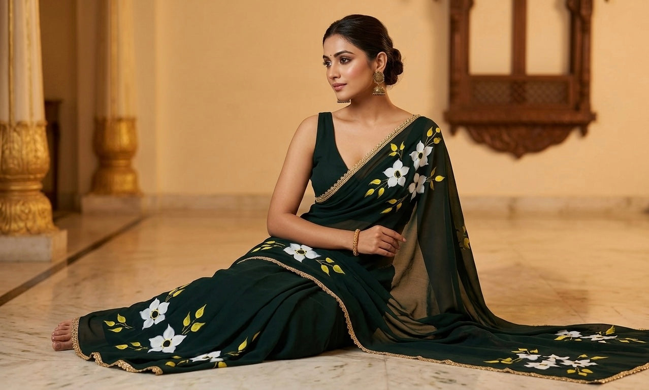 Black georgette saree : moonlight in Bloom