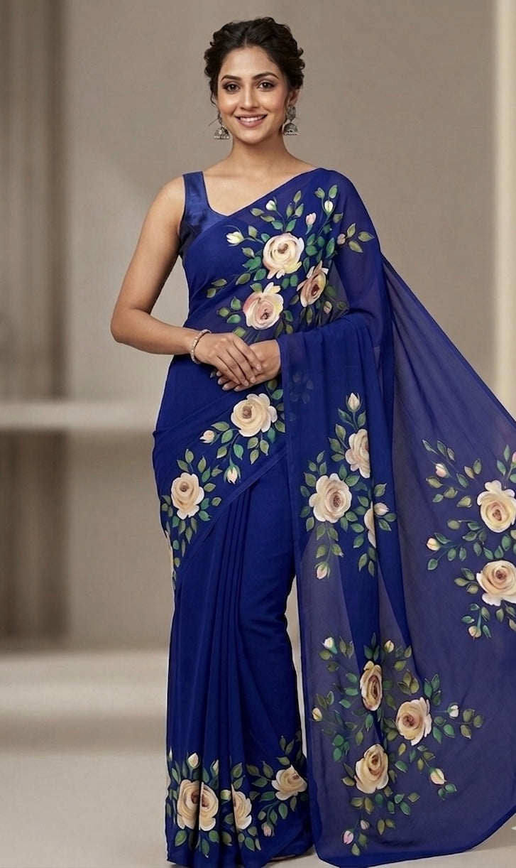 Deep blue georgette saree