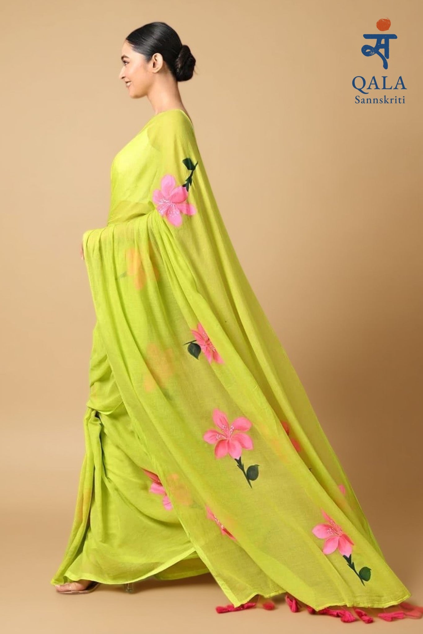 Yellow green hand painted mul cotton saree “ Rangon ki reet “
