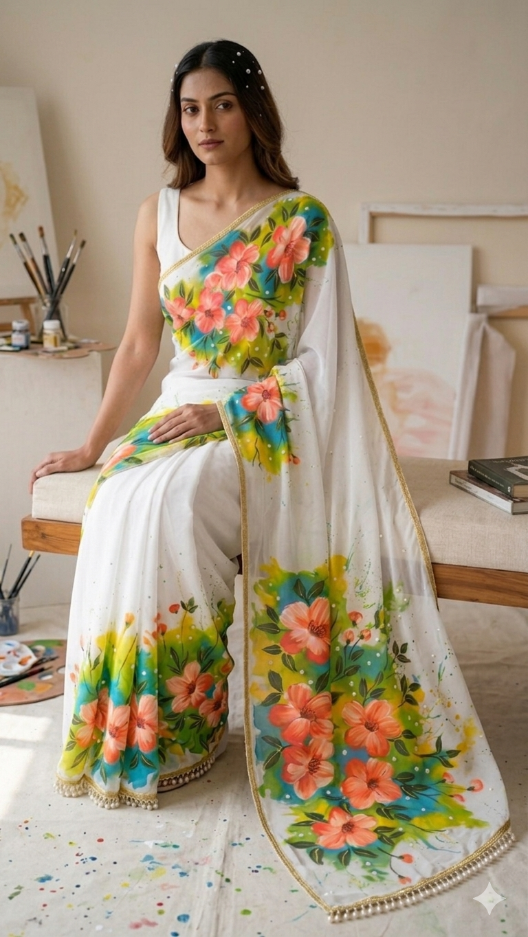 White georgette saree : Blossoms of renewal