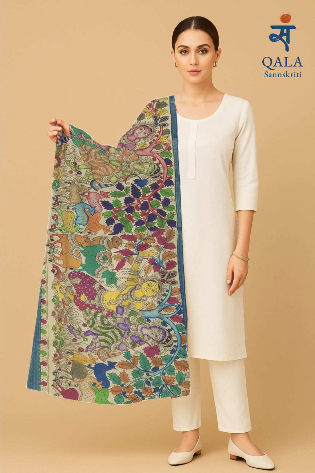 Mangalkari silk Kalamkari hand painted dupatta “ The tree of love “