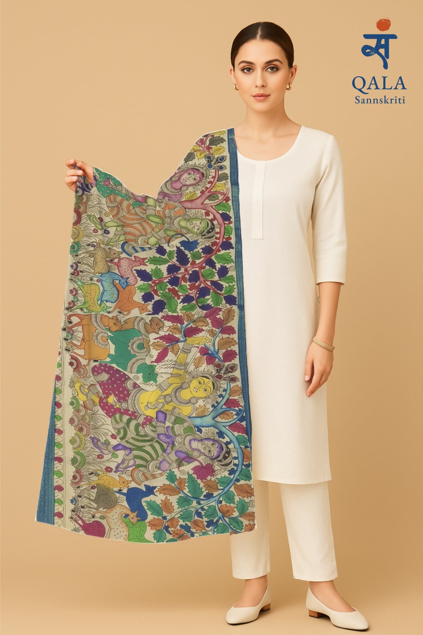 Mangalkari silk Kalamkari hand painted dupatta “ The tree of love “