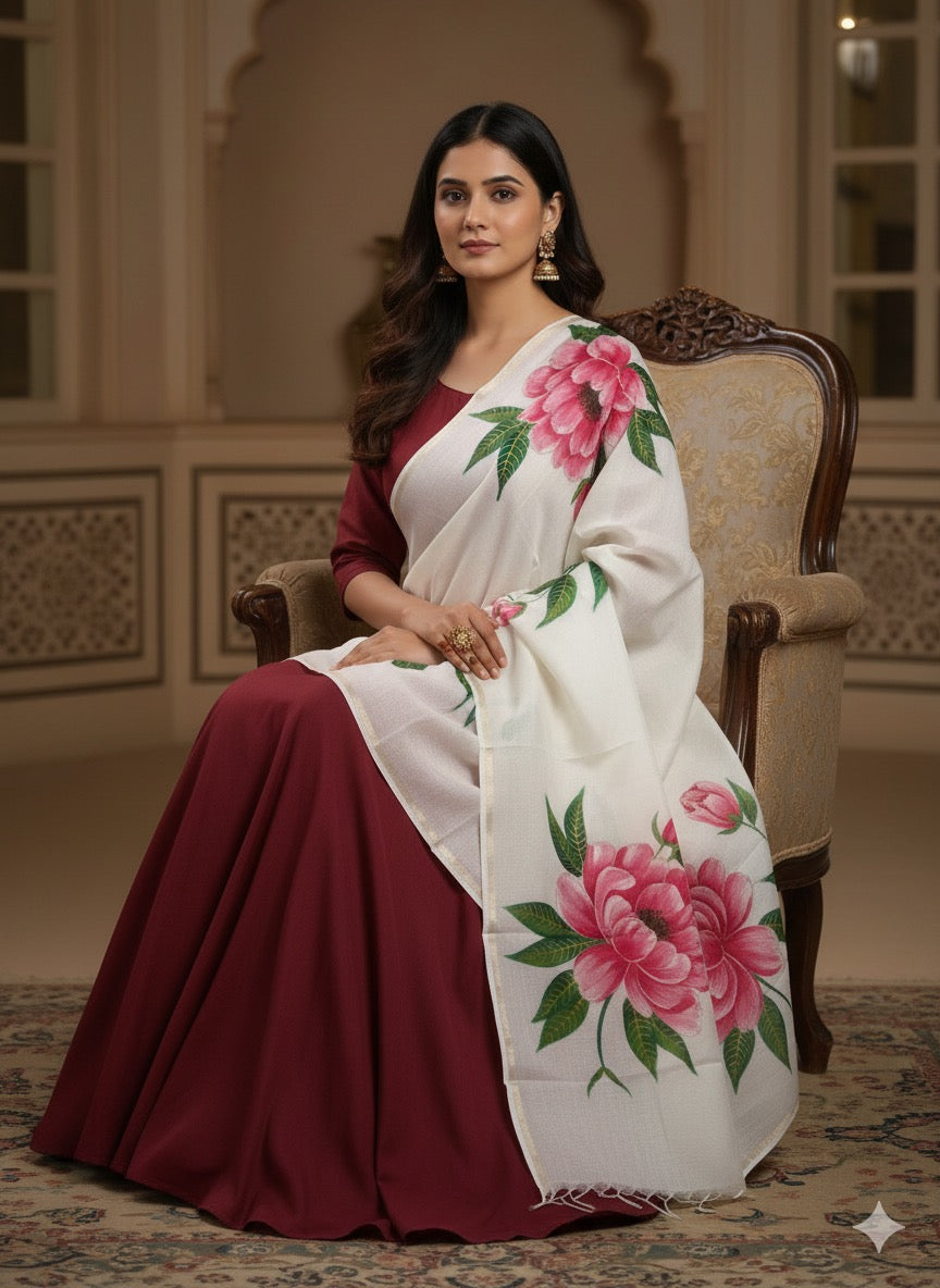 Pure malai chanderi dupatta with pink florals  dupatta: Gulabi Saaz