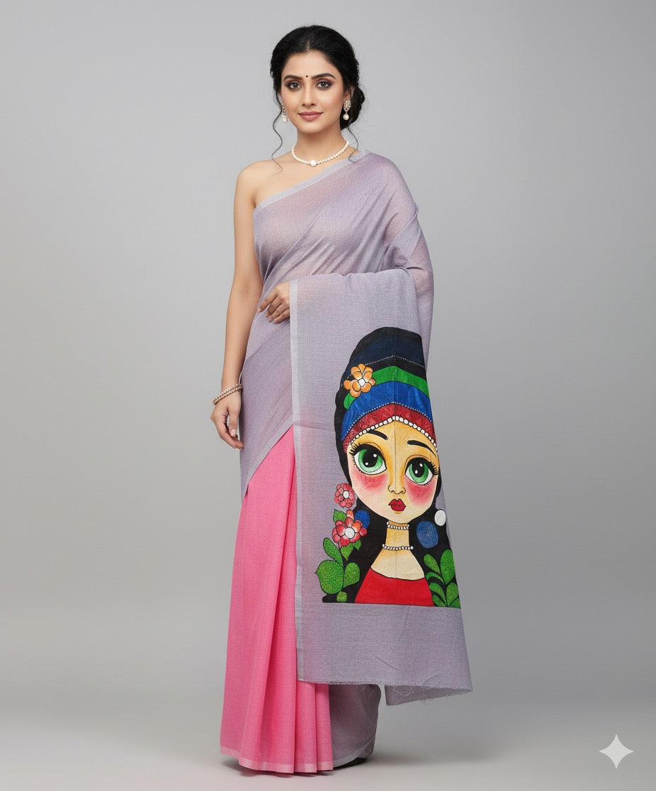 Pink and purple hand painted handloom saree “The dreamer in Bloom”