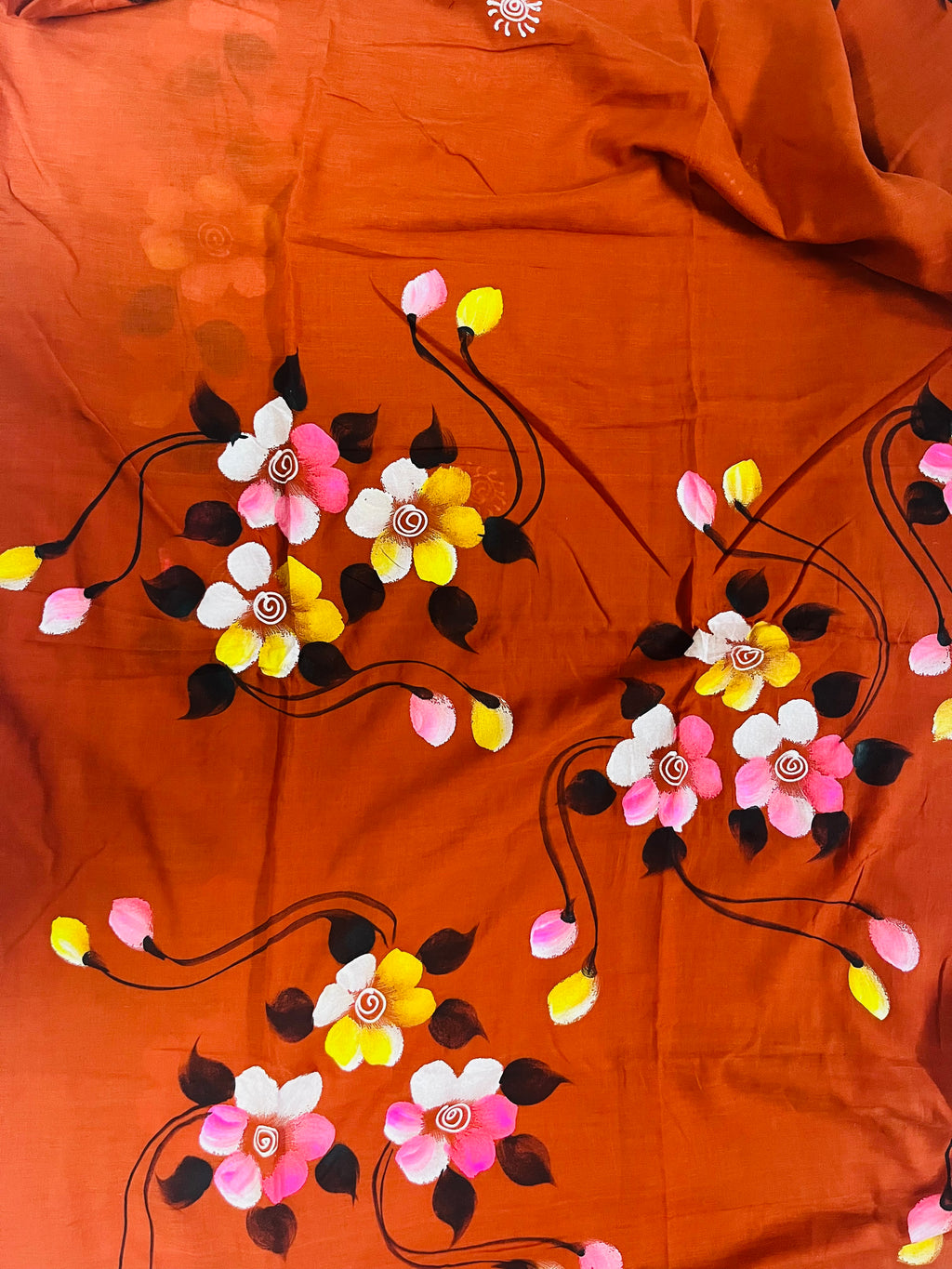 Vermicelli orange hand painted florals on mul  cotton saree