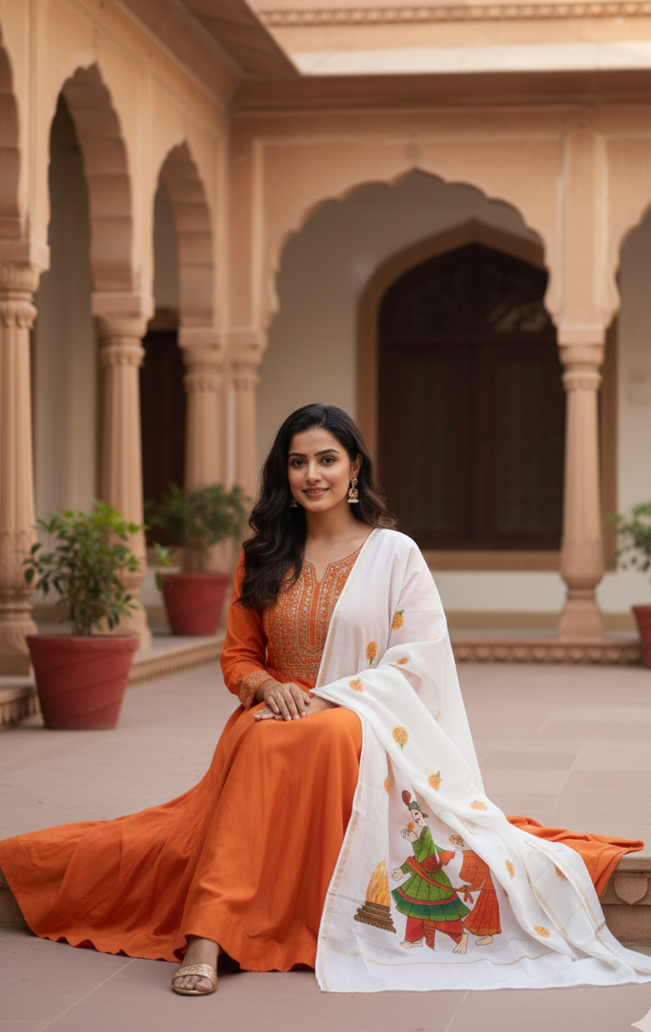 Pure malai chanderi dupatta : Saat kadam , Saat Aashirwad