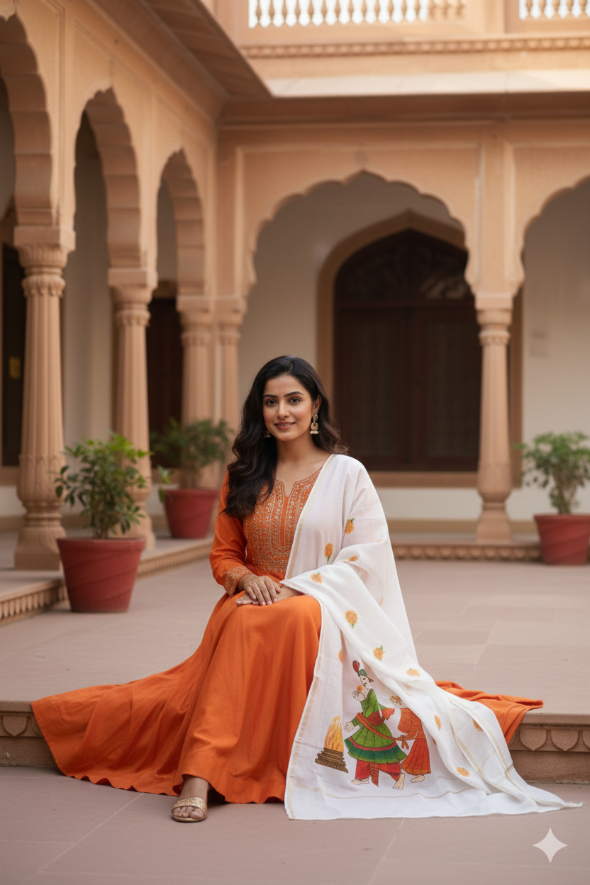 Pure malai chanderi dupatta : Saat kadam , Saat Aashirwad