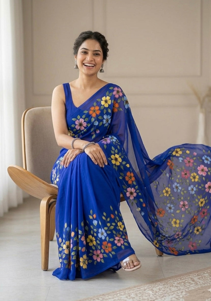 Royal blue georgette saree