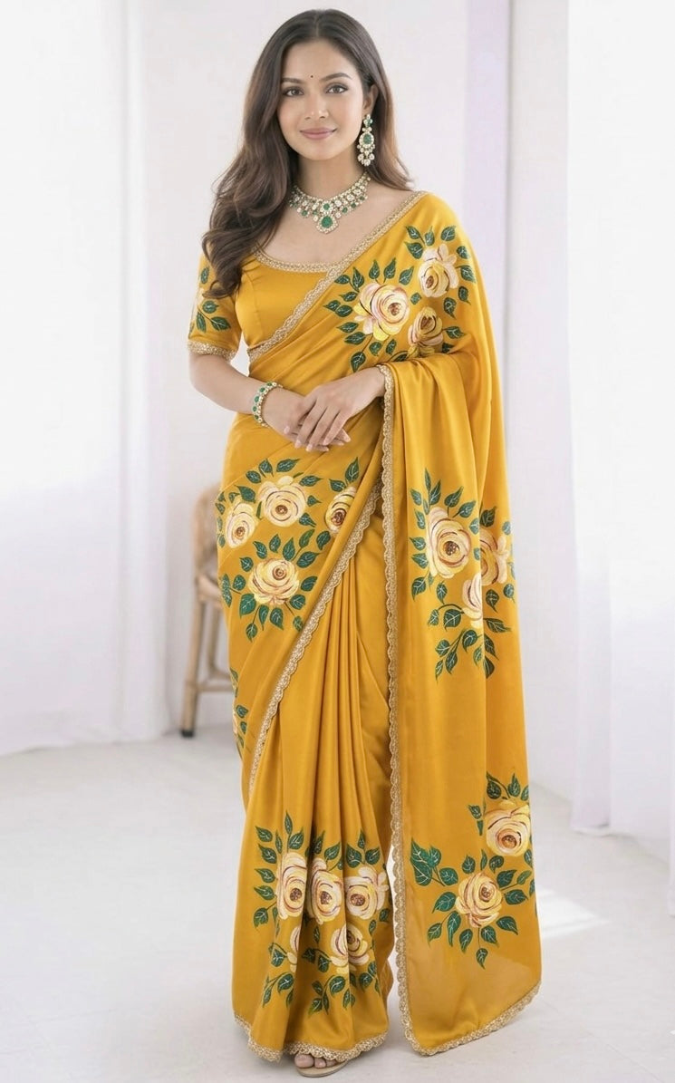 Mustard coloured satin saree : golden Gulab