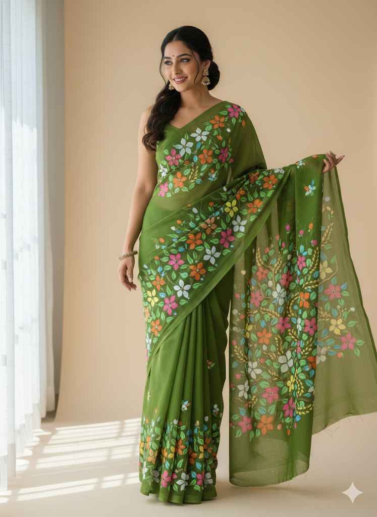 Sap green georgette saree : Basanti Vannam