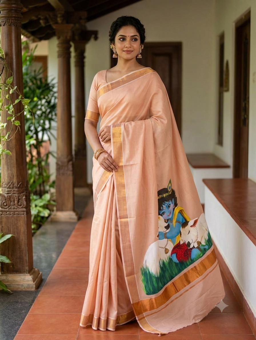 Copper Kerala kasavu tissue saree