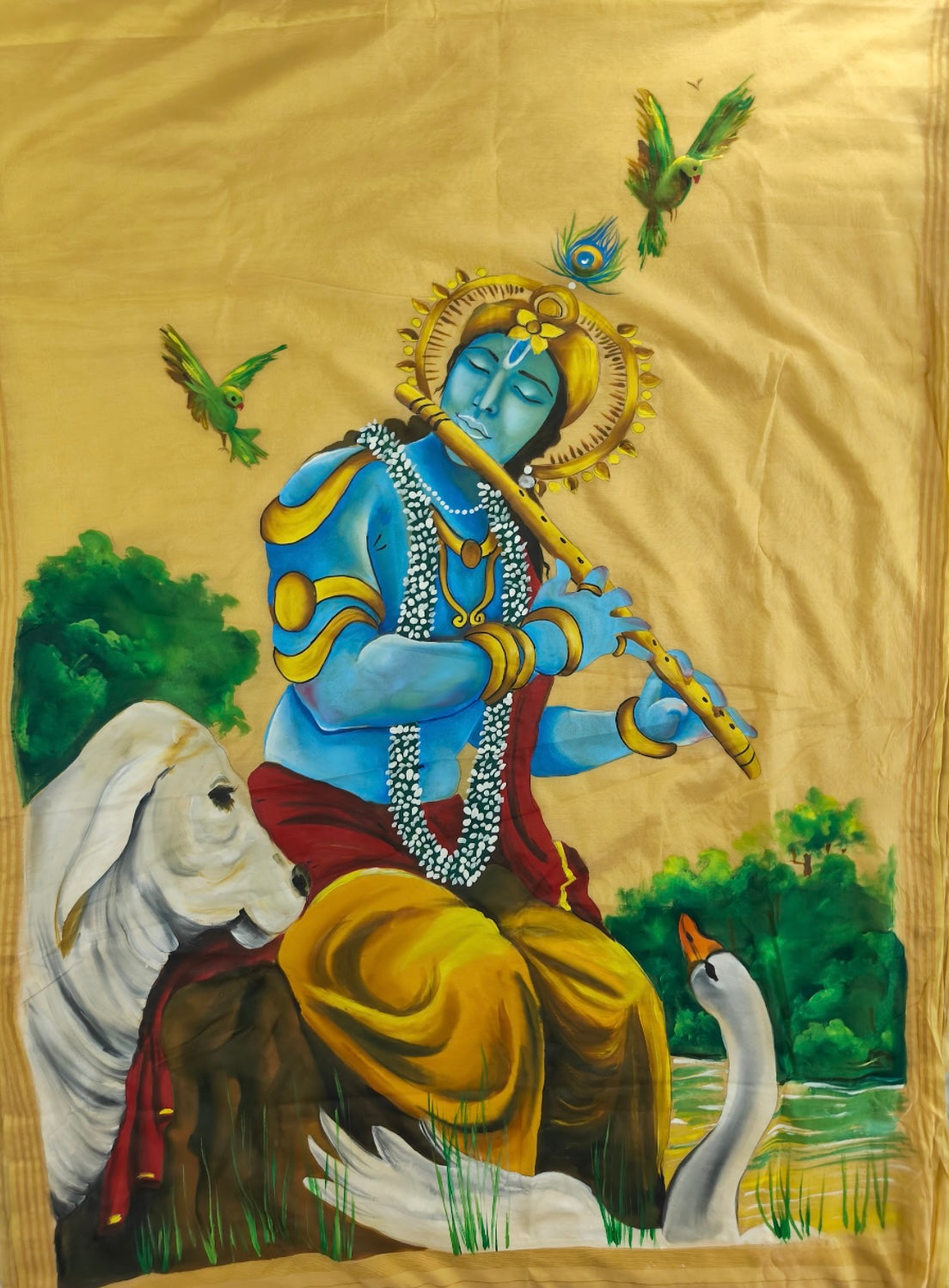 Lemon yellow pure chanderi saree : “ Vasantha Rang :Krishna in Spring”