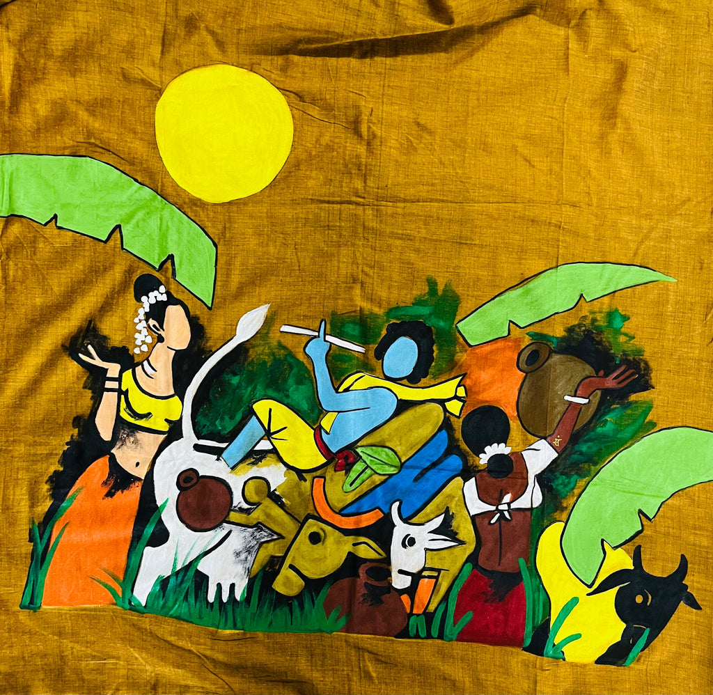 Yellow mustard hand painted handloom saree “ Krishna in the courtyard “
