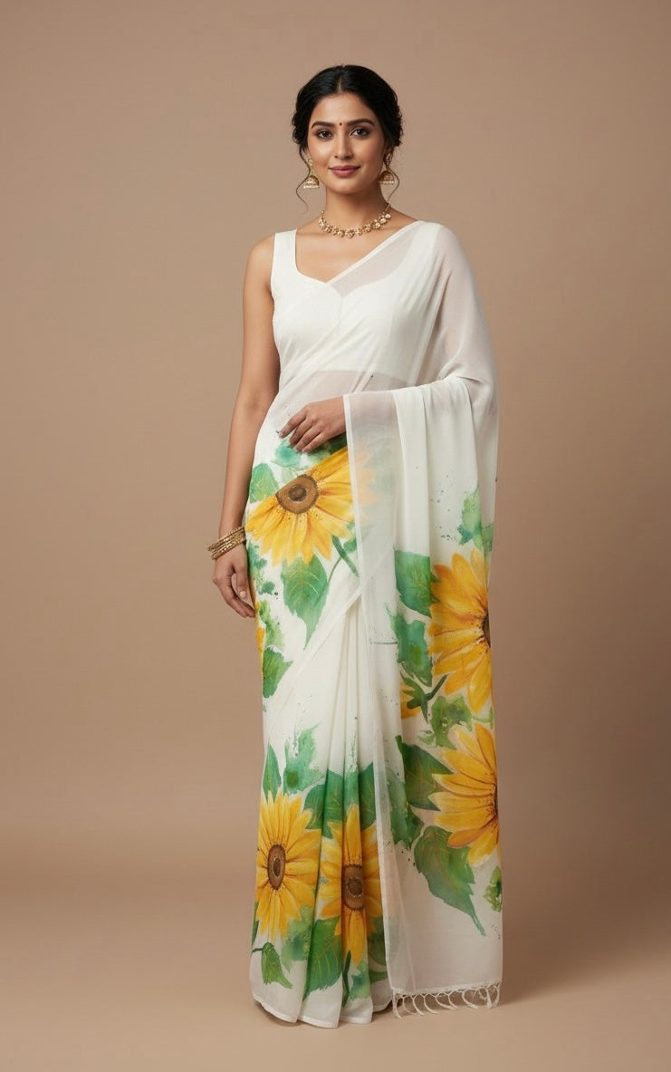 White georgette saree with big sunflowers : SuryaKamal