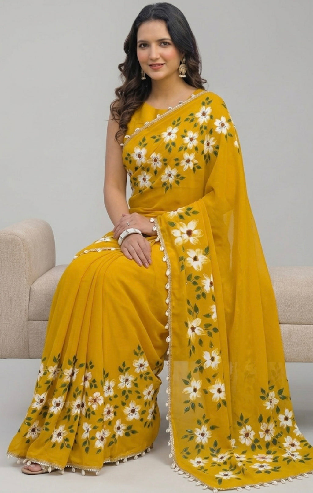 Yellow shimmer georgette saree : Surya Pushp