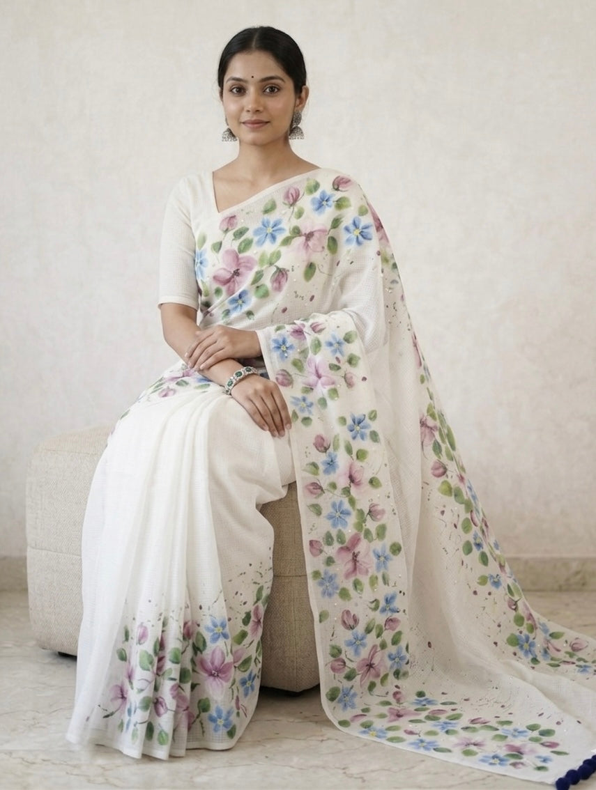 White Kota Doria saree : Phoolon ki komal Saaz