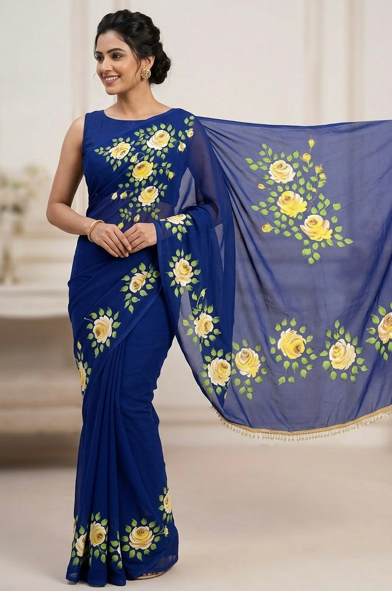 Deep blue georgette saree : midnight garden in Bloom