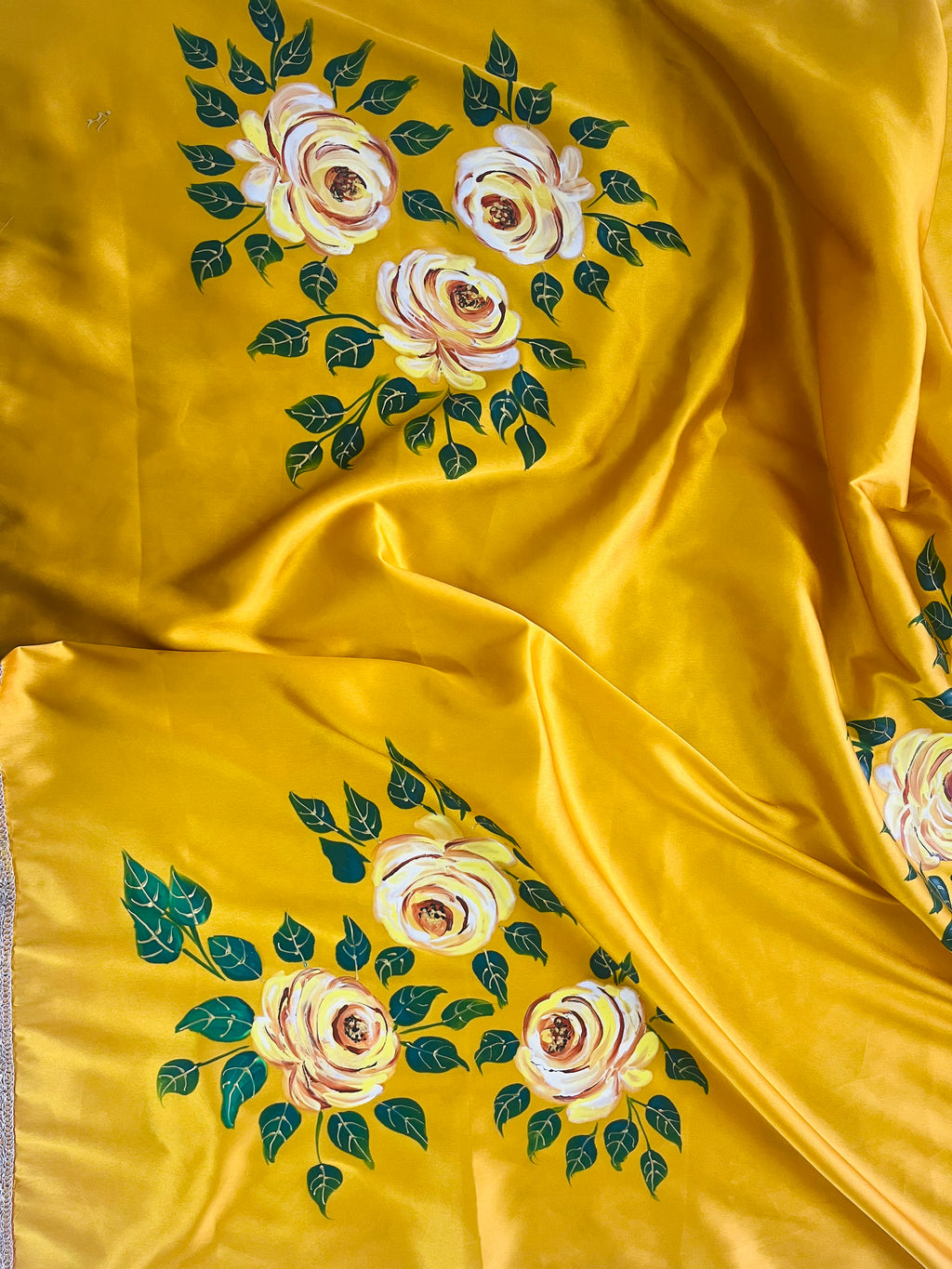 Mustard coloured satin saree : golden Gulab