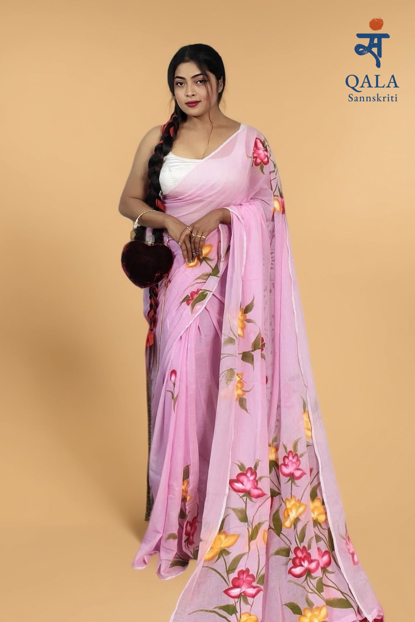 Light pink hand painted florals on mul cotton saree