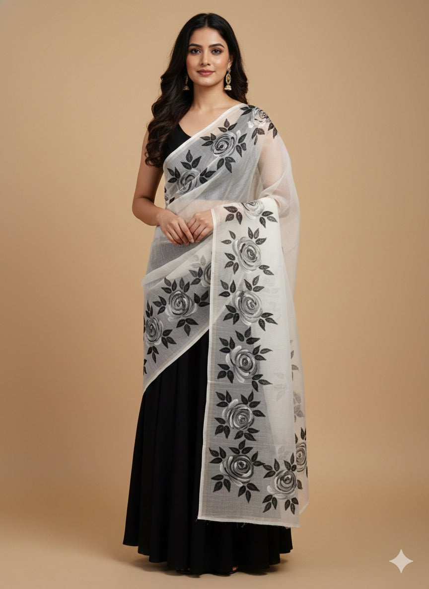 Pure malai chanderi dupatta with black roses