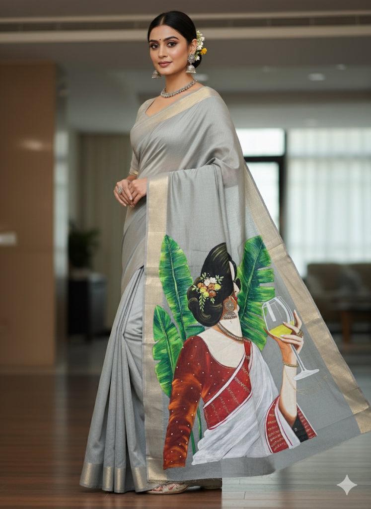 Grey chanderi saree :Grey grace