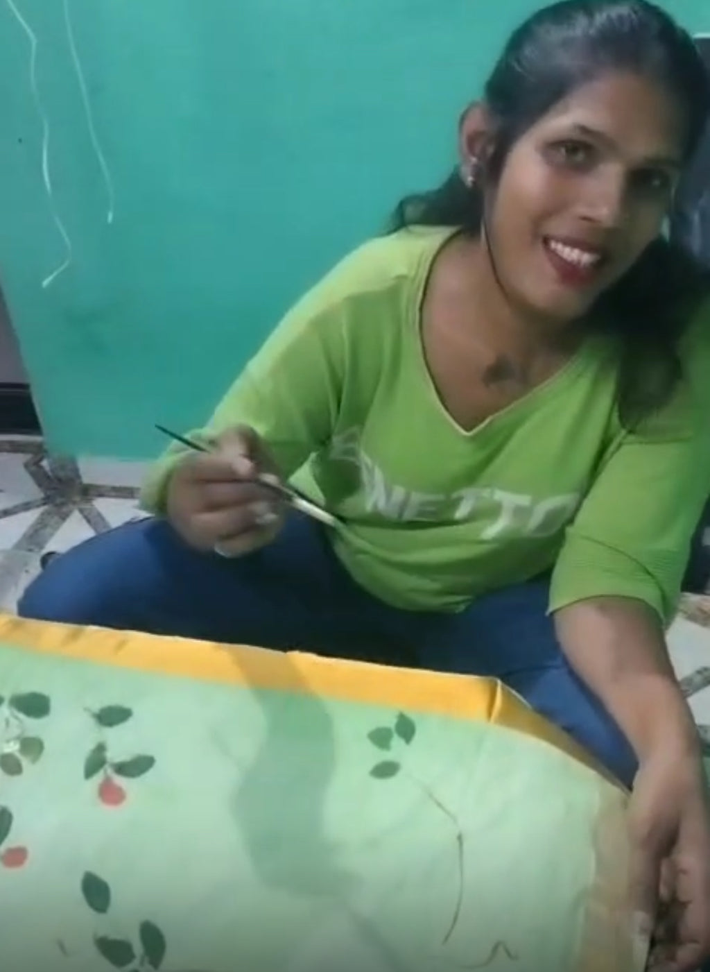 Vermicelli orange hand painted florals on mul cotton saree