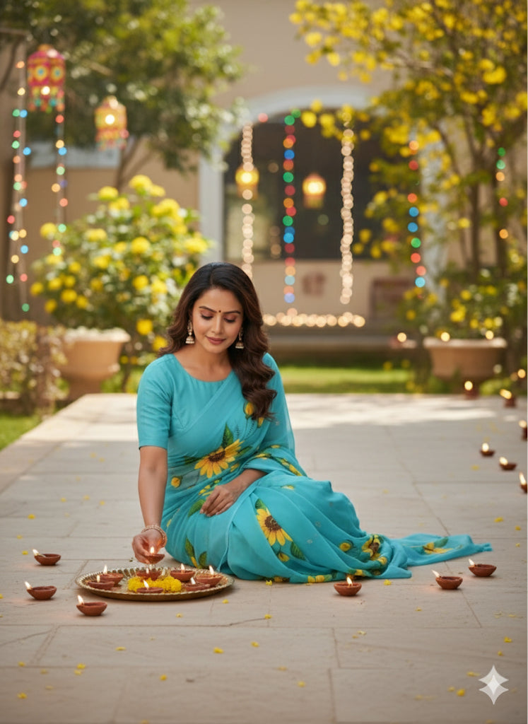 Light blue georgette saree : Sunlit Symphony
