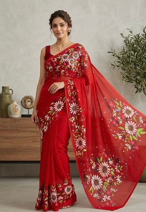 Red georgette saree : blossoms of courage