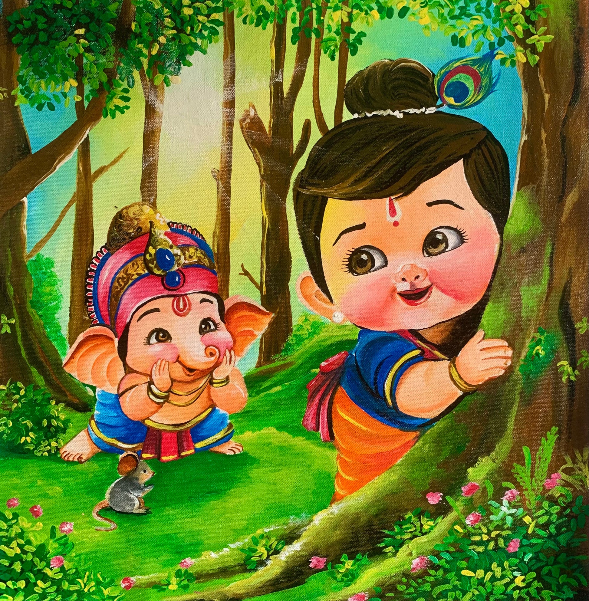 Ganesha and lord Krishna as children playing