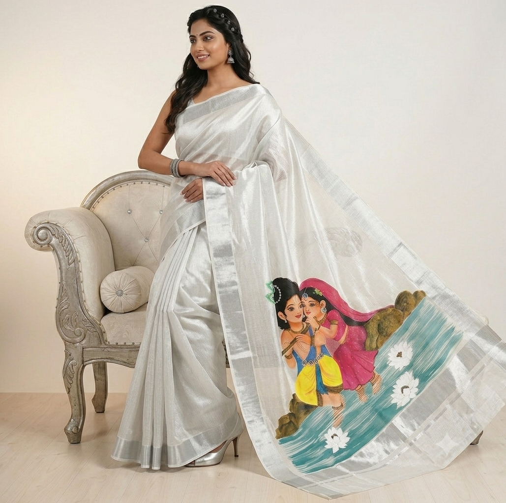White silver Kerala kasavu tissue saree