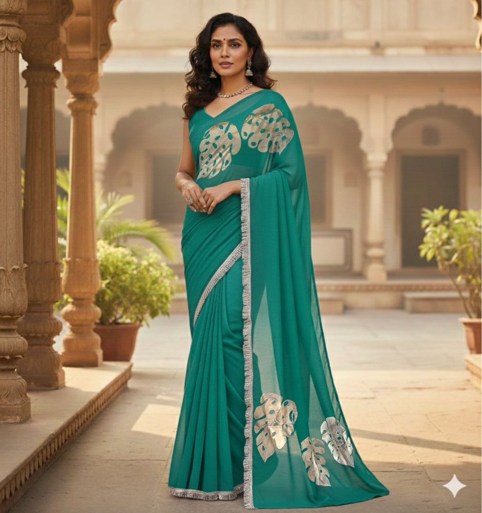 Turquoise georgette saree