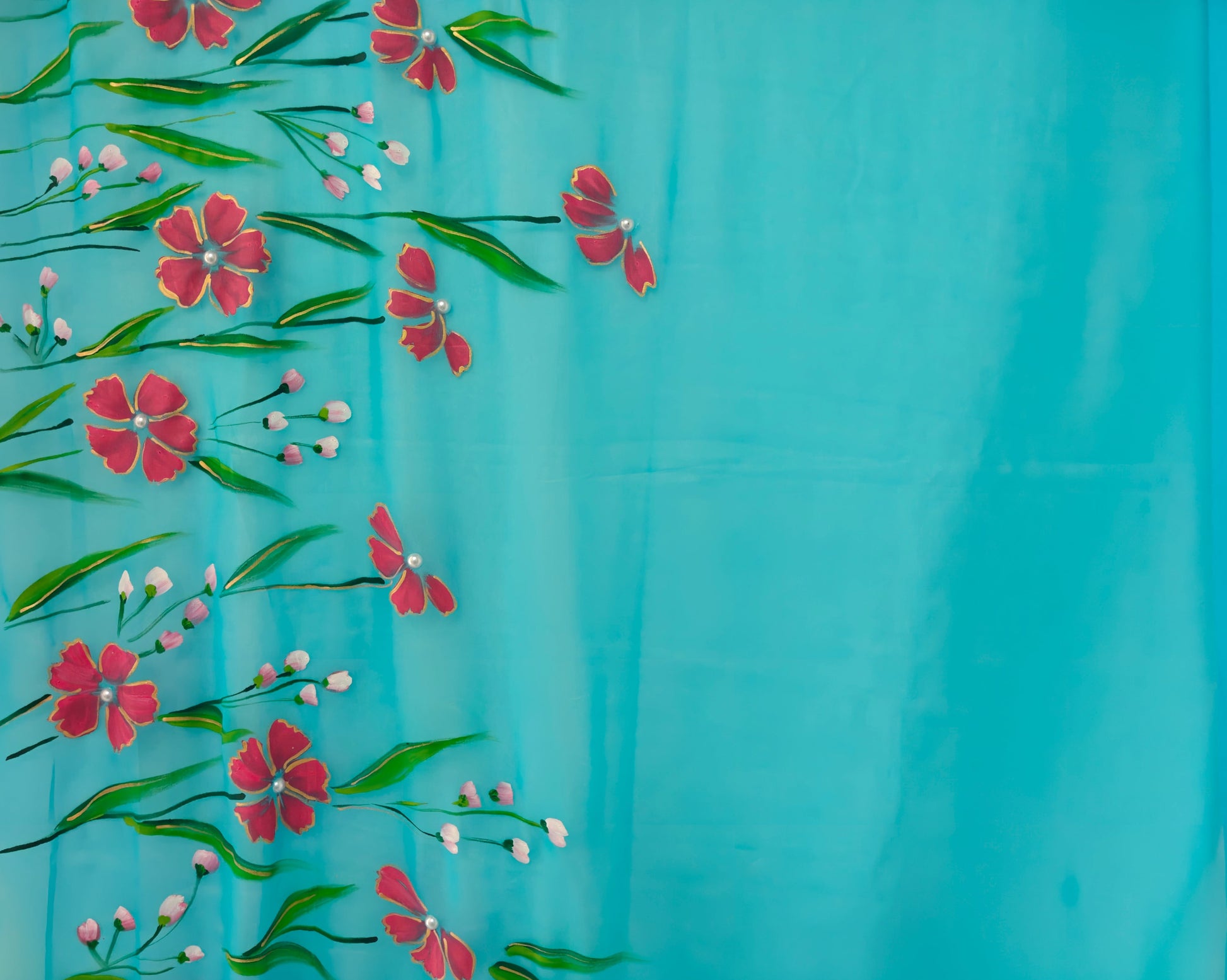 Light blue with coral red florals georgette saree : Gulnaar Baadal