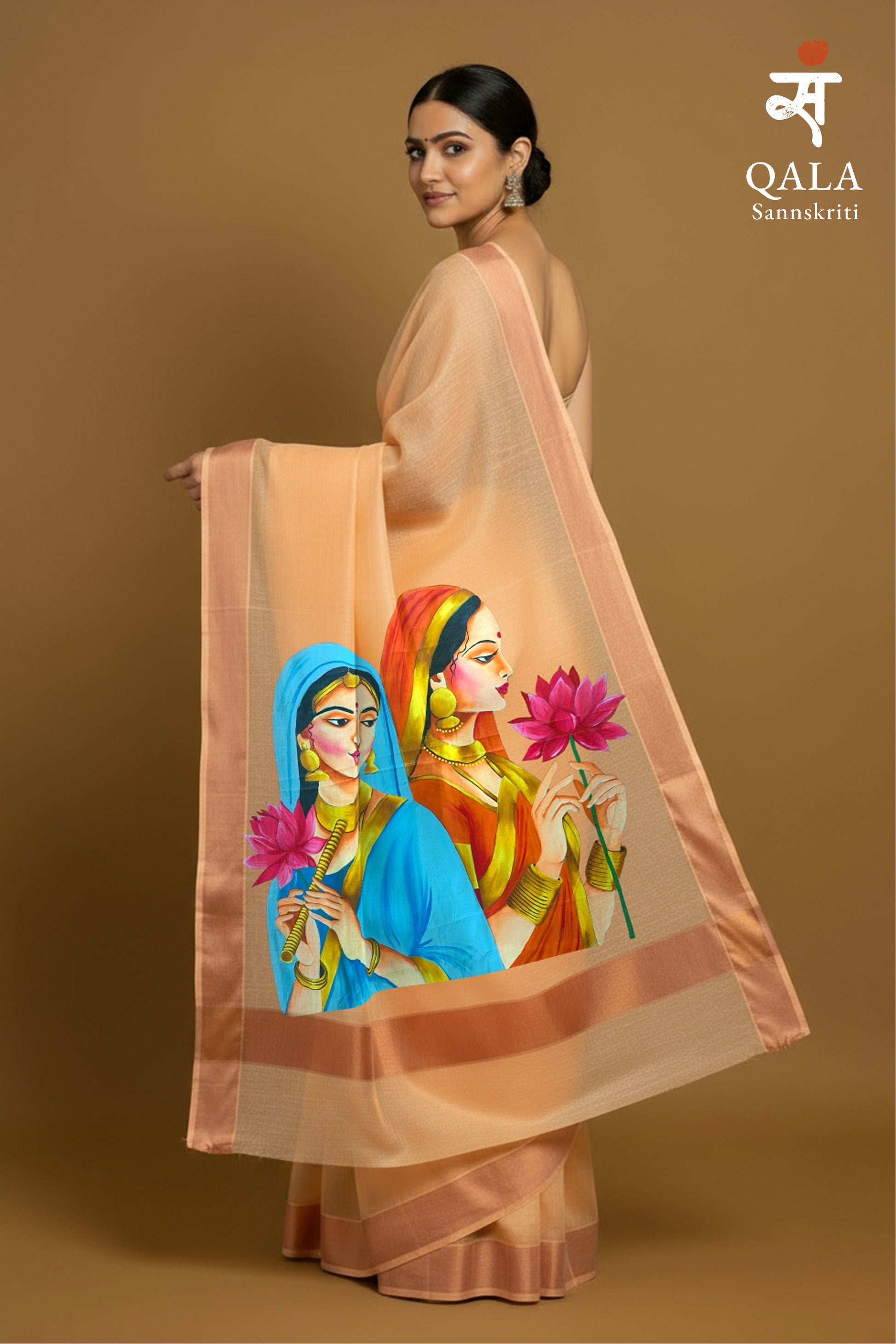 Orange shaded Kerala kasavu tissue saree: Lotus of Grace