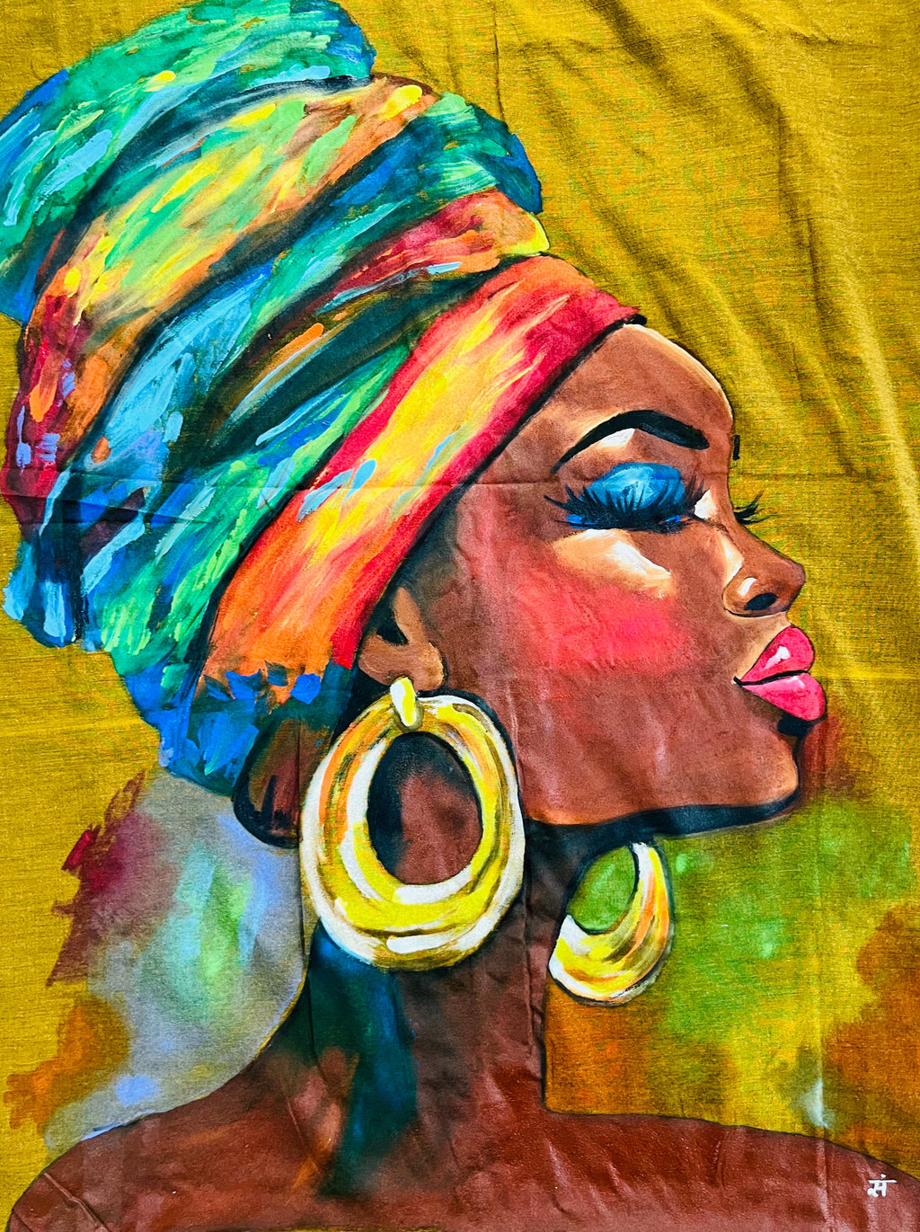 Yellow mustard hand painted handloom saree “ She wears her crown “